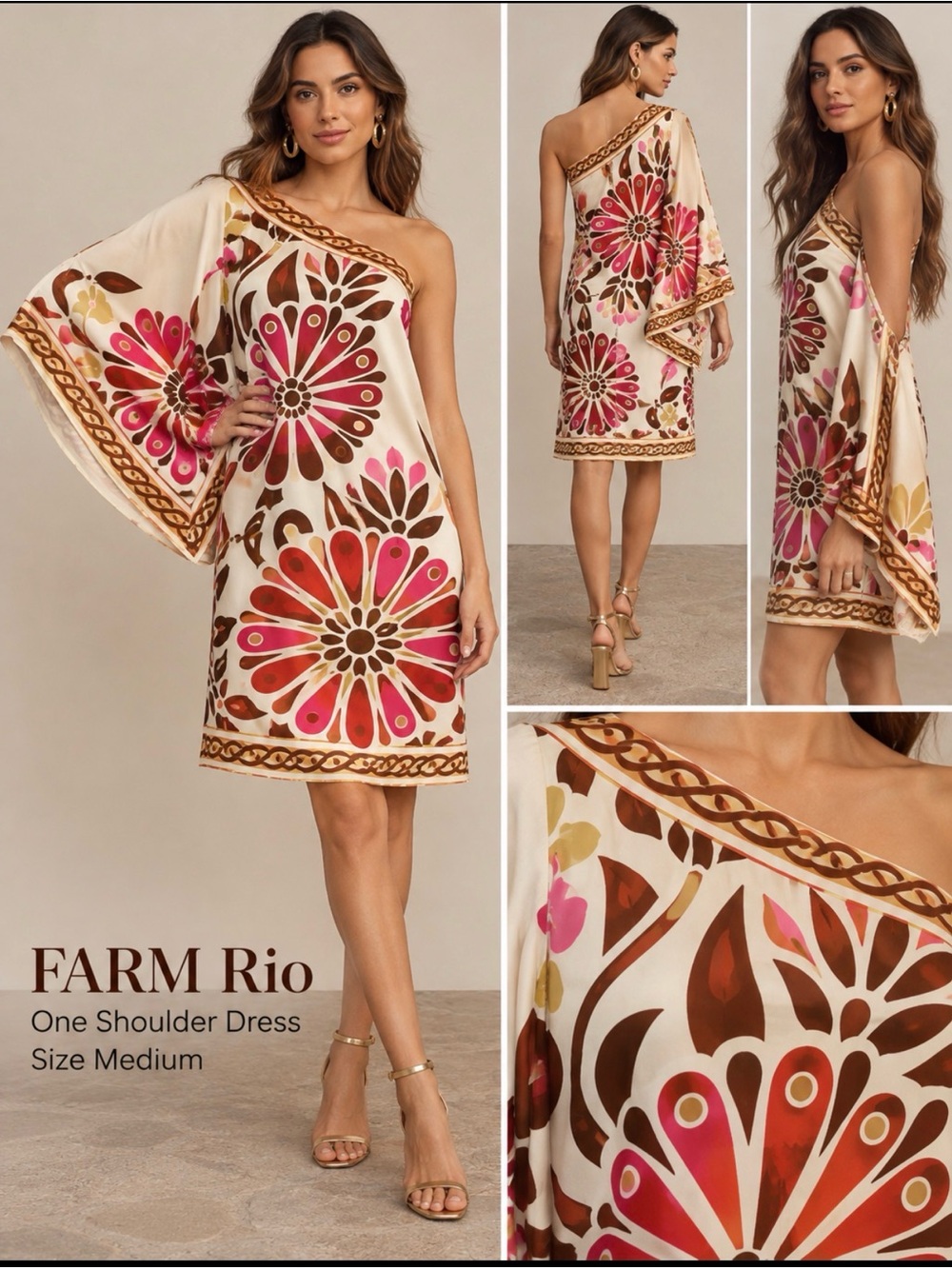 Elegant Farm Rio Cream Floral One Shoulder Dress Sz Medium - Pink & Brown